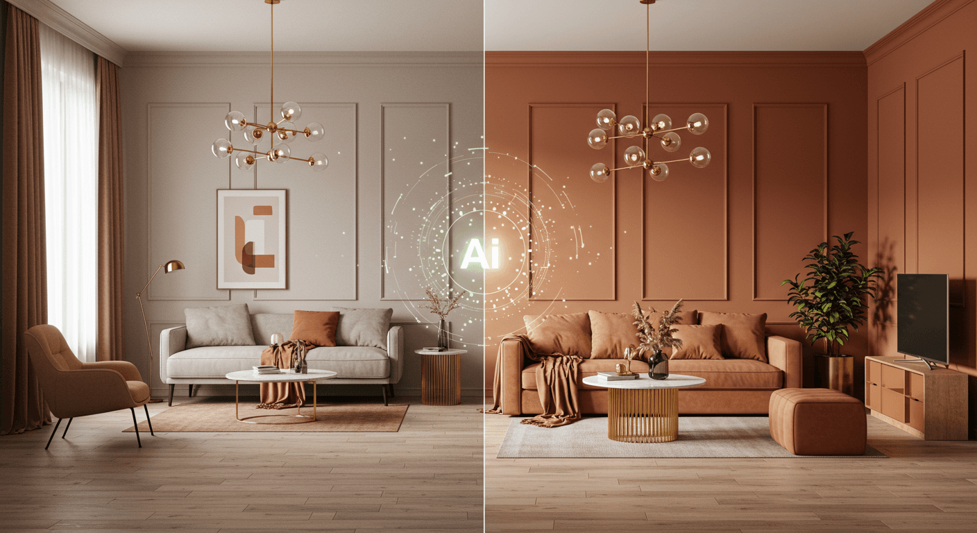 AI interior design app showing a beautiful living room transformation with DecorAI